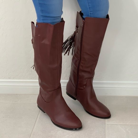 red leather knee high flat boots
